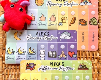 May include: Three colorful charts with illustrations and text for children's daily routines. The charts are labeled "James's Morning Routine", "Alex's Evening Routine", and "Nika's Afternoon Routine". Each chart has a series of images and text that represent different activities, such as getting dressed, brushing teeth, and going to bed.