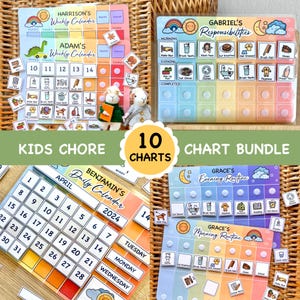 May include: A set of 10 colourful printable charts for children, featuring a variety of themes, including daily calendars, weekly calendars, chore charts, and responsibility charts. The charts are designed with bright colours, fun illustrations, and customisable names. The charts are perfect for helping children learn about time, routines, and responsibilities.