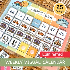 May include: A laminated weekly visual calendar with colorful illustrations. The calendar features days of the week, numbers, and activity icons like a school bus, school, and swimming. The text "DAVID'S WEEK" is at the top.