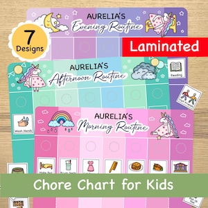 Morning, Afternoon & Evening Routine Chart, Planning Toddler Bedtime Routine, Daily Visual Schedule, Chore Chart with Unicorns for kids