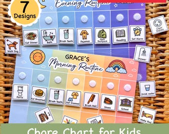 May include: A laminated chore chart for kids with a rainbow design. The chart has two sections: "Morning Routine" and "Evening Routine". Each section has a grid of squares with pictures representing different tasks, such as brushing teeth, getting dressed, and eating breakfast. The chart is designed to help children learn and follow a daily routine.