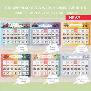 May include: A collection of colorful weekly chore charts with various themes, including trains, trucks, construction vehicles, dinosaurs, rubber duckies, and an underwater park. Each chart features a calendar layout with icons representing daily activities. The text "NEW!" is displayed.
