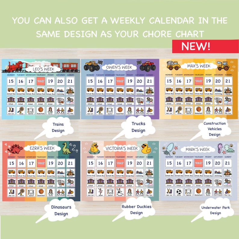 May include: A collection of colorful weekly chore charts with various themes, including trains, trucks, construction vehicles, dinosaurs, rubber duckies, and an underwater park. Each chart features a calendar layout with icons representing daily activities. The text "NEW!" is displayed.