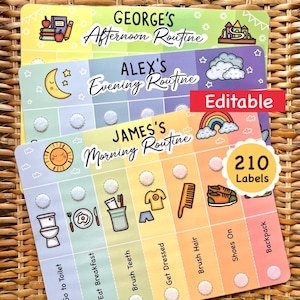 May include: Three colorful, personalized routine charts with the names George, Alex, and James. Each chart has a different theme: afternoon, evening, and morning. The charts include icons for daily tasks and the text "Editable" and "210 Labels."
