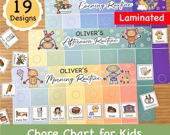 May include: A colorful chore chart for kids with a robot theme. The chart is divided into three sections: morning, afternoon, and evening. Each section has a list of tasks with corresponding images. The chart is laminated and includes the text "Chore Chart for Kids".