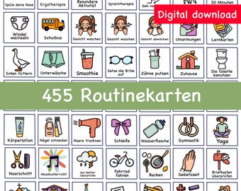 May include: A set of 455 colorful illustrated routine cards for children. The cards feature various activities such as brushing teeth, getting dressed, eating, playing, and learning. The cards are designed to help children learn about daily routines and develop independence.