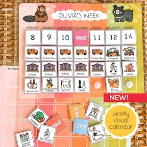 May include: A colorful weekly visual calendar with the text "OLIVIA'S WEEK". The calendar includes days of the week, numbers, and activity icons such as a school bus, school, and camping. Additional activity cards are included.