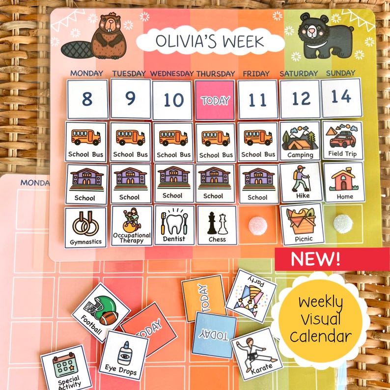 May include: A colorful weekly visual calendar with the text "OLIVIA'S WEEK". The calendar includes days of the week, numbers, and activity icons such as a school bus, school, and camping. Additional activity cards are included.