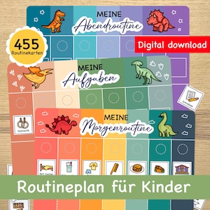 May include: A set of three colorful printable routine charts for kids featuring dinosaurs and the text "Meine Abendroutine", "Meine Aufgaben", and "Meine Morgenroutine". The charts are designed to help children learn and follow daily routines.