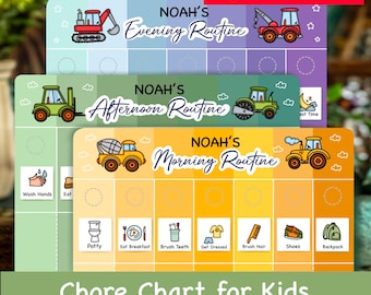 May include: Three colorful printable chore charts for kids with a construction vehicle theme. The charts are labeled "Noah's Morning Routine", "Noah's Afternoon Routine", and "Noah's Evening Routine". Each chart has a different color scheme and features a different construction vehicle.