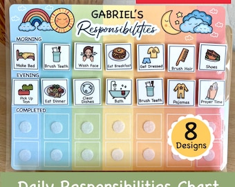 May include: A laminated daily responsibilities chart for a child named Gabriel. The chart has a rainbow and sun at the top, and a moon and stars at the bottom. It includes a variety of activities for morning and evening, such as making the bed, brushing teeth, eating breakfast, getting dressed, brushing hair, putting on shoes, picking up toys, eating dinner, clearing dishes, taking a bath, and praying. The chart has 8 different designs.