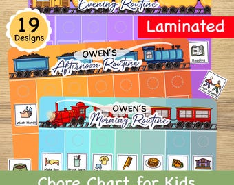 May include: A colorful chore chart for kids featuring three train-themed charts for morning, afternoon, and evening routines. The charts include images and text for activities like brushing teeth, making the bed, reading, and visiting friends. The chart is laminated and includes the name "Owen's".
