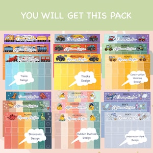 May include: A collection of colorful, illustrated routine charts for children. Themes include trains, trucks, construction vehicles, dinosaurs, rubber duckies, and an underwater park. Each chart has a name and a daily schedule.