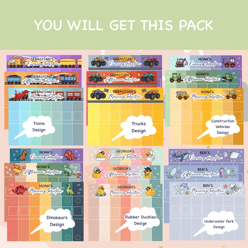 May include: A collection of colorful, illustrated routine charts for children. Themes include trains, trucks, construction vehicles, dinosaurs, rubber duckies, and an underwater park. Each chart has a name and a daily schedule.