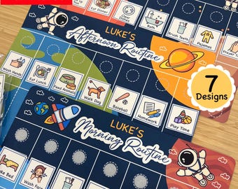 May include: Laminated chore chart with a space theme. The chart is divided into sections for morning and afternoon routines, with illustrated tasks like brushing teeth and eating lunch. The chart includes the text "Luke's" and "7 Designs".