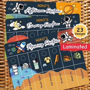May include: Laminated routine chart for kids with space-themed illustrations. The chart includes sections for morning, afternoon, and evening routines, with icons for various activities. The text on the chart reads "NIKO'S" and "Afternoon Routine", "Evening Routine", and "Morning Routine".