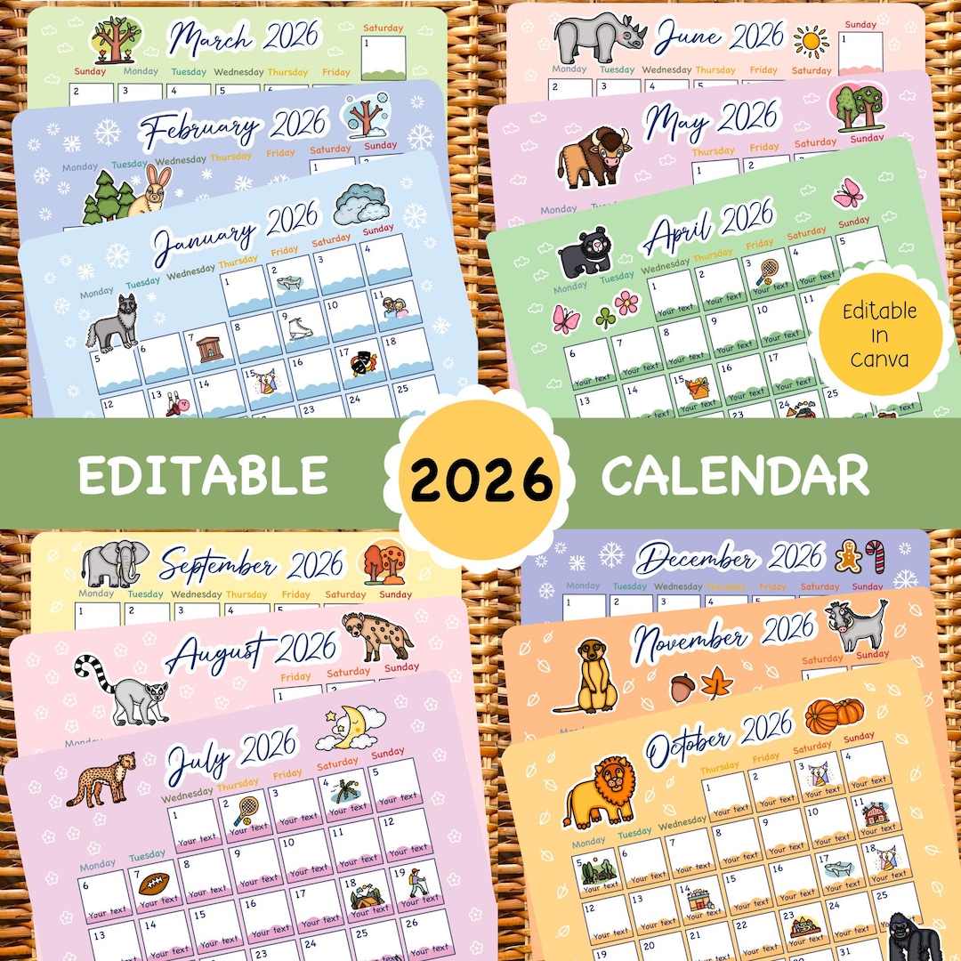 2026 Kids Animal Calendar: Editable Monthly Planner (digital Download ...