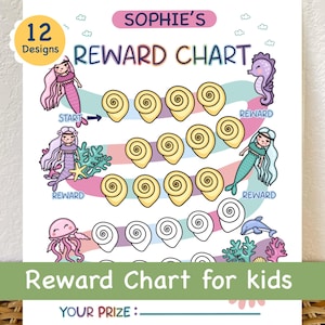 May include: A colorful reward chart for kids with a mermaid theme. The chart features illustrations of mermaids, seashells, and sea creatures. Text includes "Sophie's Reward Chart" and "Reward Chart for kids". The chart has spaces for rewards.