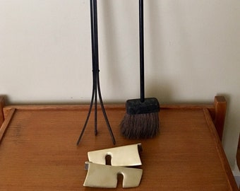 Vintage Donald Deskey Fireplace Tools, Iron and Brass Wall Mounted Fireplace Tool Set, Poker/Tongs and Brush, Mid Century Modern Fireplace