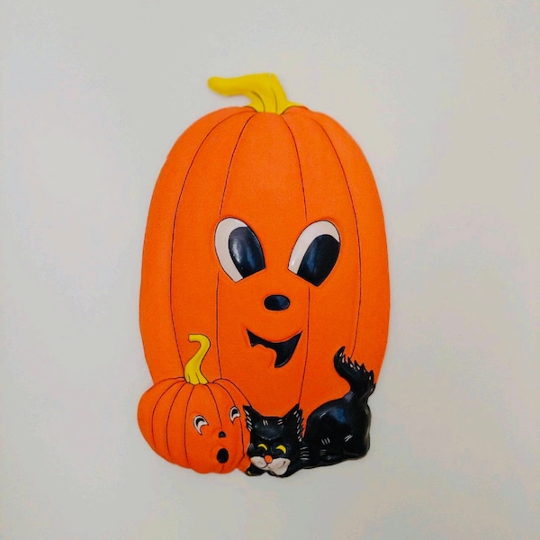 Vintage Halloween Wall Decoration, Pumpkins and Black Cat Wall Hanging, 3D Molded Vacuform Halloween Decor, Retro Halloween Wall Decor