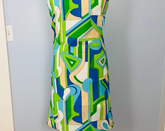 Vintage 1960s Contessa Sleeveless Shift Sheath Dress, Size S Blue Green Abstract