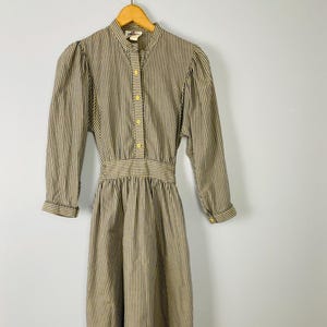 Vintage Lanz Originals Blue and White Striped Midi Dress, XS/S 1970s Long Sleeve Dress with Pockets, Tie Waist, Button Front