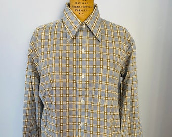 Vintage Men's Button Down Shirt, Lord Cromwell, Blue and Gold Plaid Button Down Shirt with Pocket, 1970s Shirt, Unworn, NOS