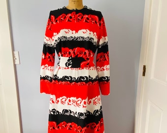 Robe vintage rouge, noire et blanche à manches longues avec ceinture, robe à imprimé abstrait Mod, robe vintage, robe longueur au sol des années 1970