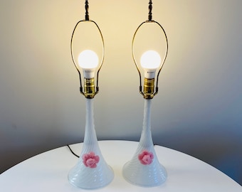 Vintage Barovier & Toso Pair of Murano Glass Table Lamps with Pink Flower Detail, Made in Italy, Italian Art Glass Lamps