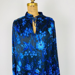 Vintage Carol Henry Plus Size Women&#39;s Floral Blouse, Polyester Shirt, 1970s Retro Blouse, Blue and Black Blouse with Flowers, Size 46