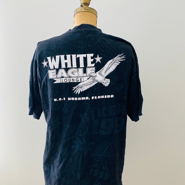 Vintage 1998 Daytona Beach Bike Week T-shirt, White Eagle Lounge Biker Tee, Motorcycle T-Shirt, Size L, All Over Print Tee, Korona Florida