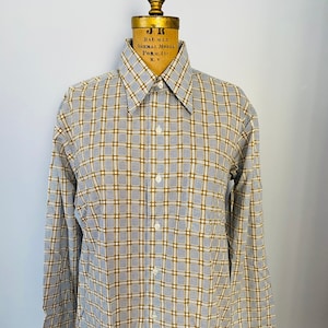 Vintage Men&#39;s Button Down Shirt, Lord Cromwell, Blue and Gold Plaid Button Down Shirt with Pocket, 1970s Shirt, Unworn, NOS