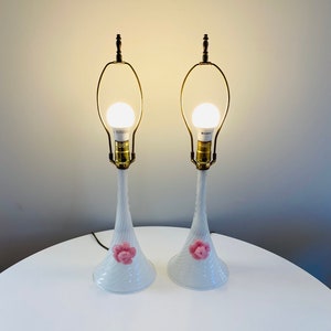 Vintage Barovier & Toso Pair of Murano Glass Table Lamps with Pink Flower Detail, Made in Italy, Italian Art Glass Lamps