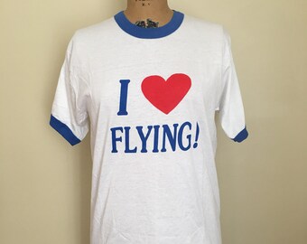 Vintage I Love Flying Novelty Ringer T-shirt, Ringer Tee, Airplane Shirt, Pilot Shirt, Screen Stars Vintage Tee, New Old Stock, Paper Thin