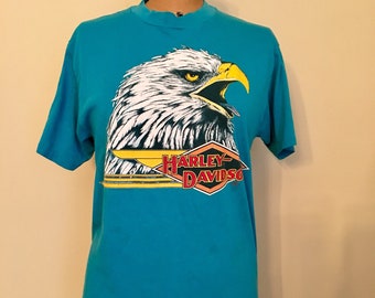 Vintage 1986 Harley Davidson Paper Thin T-shirt, Screaming Eagle, Appleton Harley Davidson Clarksville TN, L, Turquoise Harley, RK Stratman