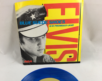 Elvis Presley Promized Land / Blaue Wildlederschuhe, 45 RPM, Promo Vinyl, 1984 Blaues Vinyl 45, RCA-Aufzeichnungen, Elvis 45, Elvis Music, Schallplatte