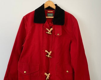 Vintage 90s Lauren Ralph Lauren Size Large Red Cotton Canvas Toggle Button Duffle Coat Jacket, Barn Coat, Preppy Women's Jacket