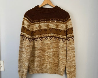 Vintage Brown Fair Isle Sweater, Size Large, National Shirt Shops Sweater, Brown Patterned Sweater, Unisex Style, Cozy Pullover Sweater