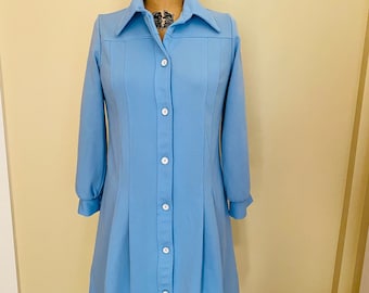 Vintage Sears Fashions, Blue Polyester Dress, Polyester Shirtdress, 1960s Casual Dress, Long Sleeve Mod House Dress , 1970s Polyester Dress