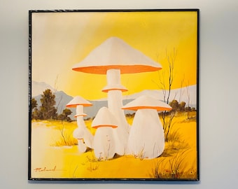 Vintage Roland Partos Painting of Mushrooms, Romanian Artist, Mushroom Scene, Yellow / Orange / White Mid Century Painting