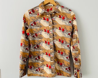 Vintage Women&#39;s Trissi Novelty Print Button Up Shirt, Matching 2 Piece T-shirt and Button Down Blouse, 1970s Retro Blouse