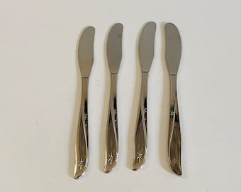 Vintage Oneida Twin Star Community Stainless Butter Spreader Knives, 4 Pc. Set, Starburst Design, Mid Century Flatware, Atomic Design