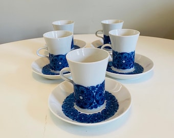 Vintage Rörstrand Sweden Mobile, Demitasse Teacups and Saucers Set of 5, Made in Sweden, Blue & White Swedish Pottery, Mid Century Design