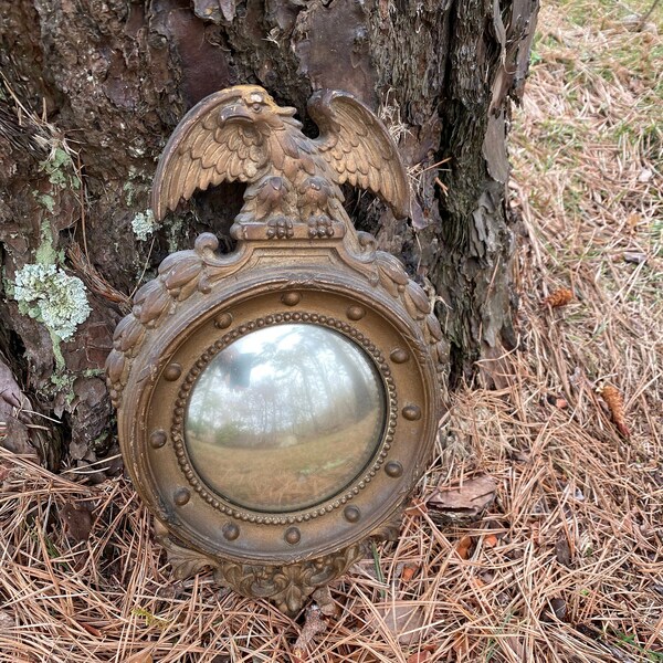 Miroir Federal Eagle convexe vintage en bois de syroco, miroir mural en bois de syroco, hublot oeil de boeuf, miroir rétro Golden Eagle, décor aigle