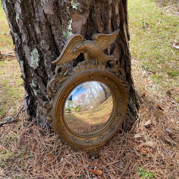 Miroir Federal Eagle convexe vintage en bois de syroco, miroir mural en bois de syroco, hublot oeil de boeuf, miroir rétro Golden Eagle, décor aigle