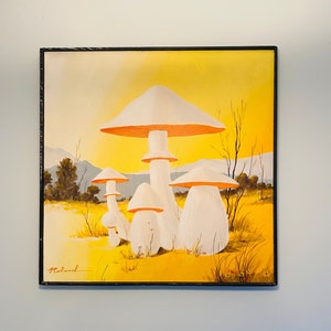 Vintage Roland Partos Painting of Mushrooms, Romanian Artist, Mushroom Scene, Yellow / Orange / White Mid Century Painting