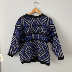 Vintage United Colors of Benetton Fair Isle trui met geometrische print, Shetland wollen trui, medium, designer trui, gemaakt in Italië