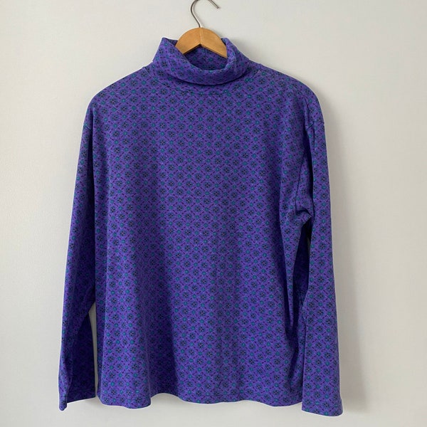 Vintage LL Bean Women's Turtleneck Shirt, Women's XL Purple Geometric Pattern Long Sleeve Turtleneck, 90s Made in USA