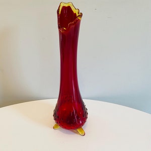 Vintage LE Smith Amberina Red Swung Vase, 3 Toe Hobnail Swung Vase 12 1/2&quot; Tall, Mid Century Modern Art Glass Vase
