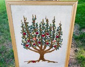 Vintage 1970s Completed Crewel Embroidery Needlework Wall Hanging, Fruit Tree, Large Wall Hanging, 34.5" x 28", Paragon Needlecraft, Framed